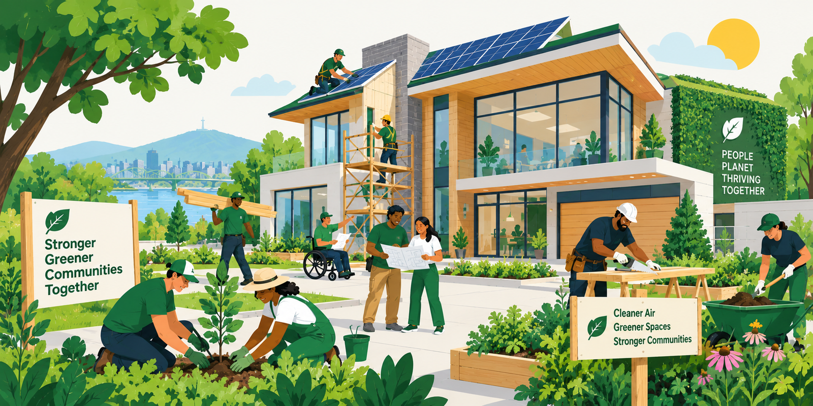 A diverse community working together to build and landscape a sustainable home with solar panels.